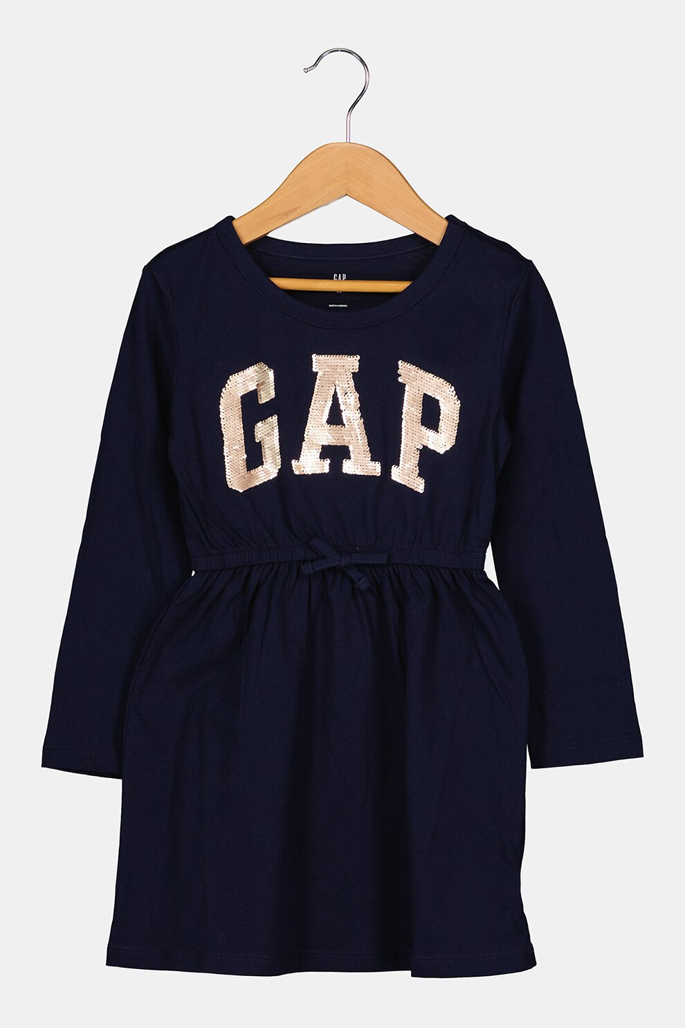 GAP, Rochie cu imprimeu logo si paiete reversibile, Bleumarin inchis/Auriu