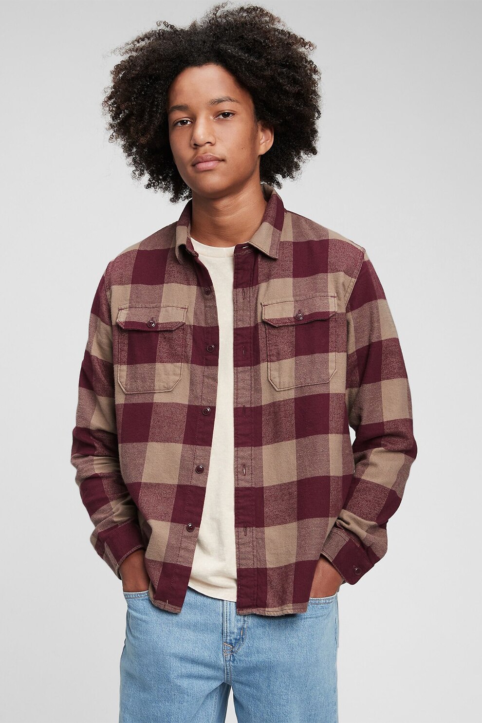 GAP, Camasa de bumbac organic cu model in carouri, Rosu Bordeaux/Maro camel