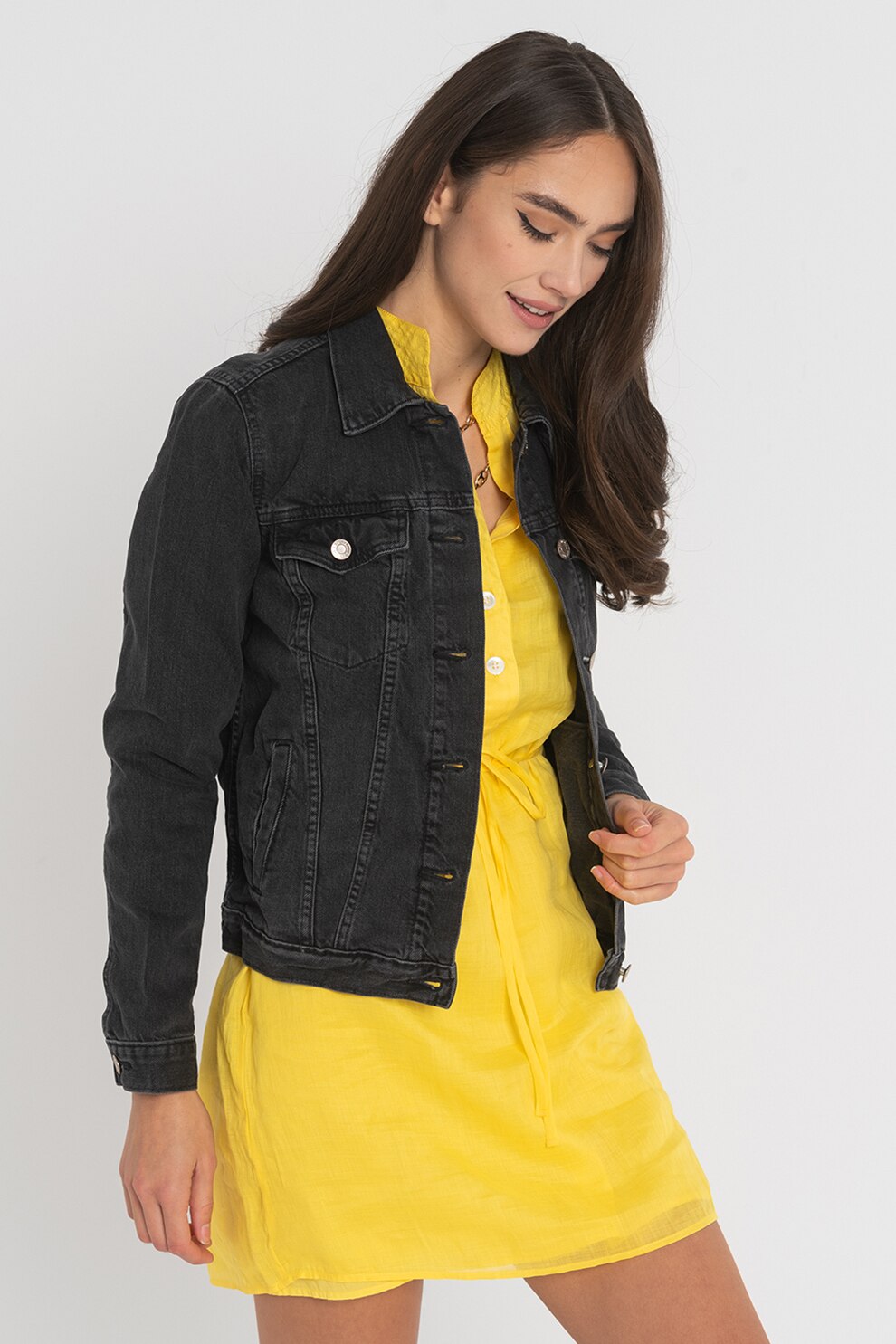 GAP, Jacheta din denim cu buzunare cu clapa, Gri inchis