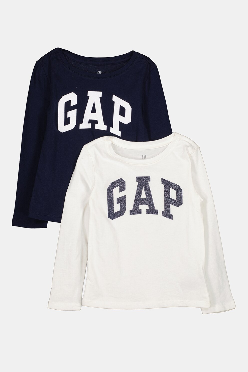 GAP, Set de bluze din bumbac cu imprimeu logo - 2 piese, Alb/Bleumarin inchis
