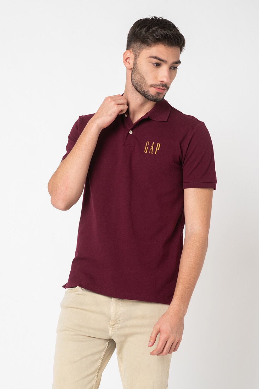 GAP, Tricou polo slim fit din material pique cu broderie logo, Violet tyrian