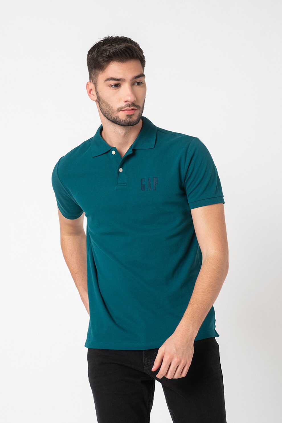 GAP, Tricou polo slim fit din material pique cu broderie logo, Albastru petrol