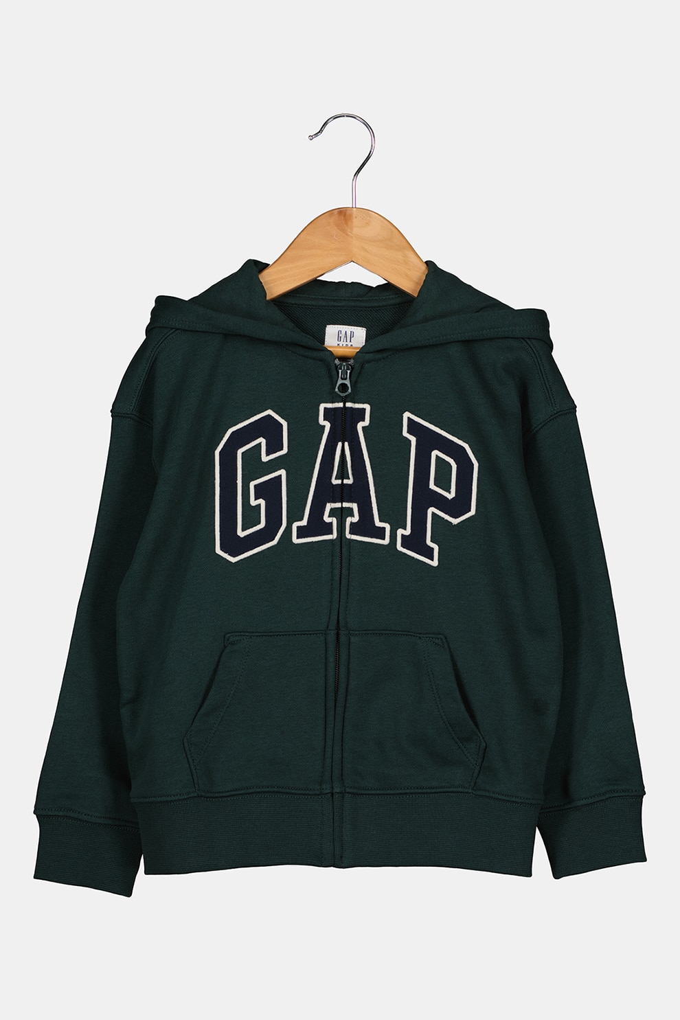 GAP, Hanorac cu fermoar si broderie logo, Verde englez/bleumarin inchis/alb prafuit