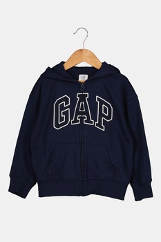 GAP, Hanorac cu fermoar si broderie logo, bleumarin inchis, alb GAP, Hanorac cu fermoar si broderie logo, bleumarin inchis, alb