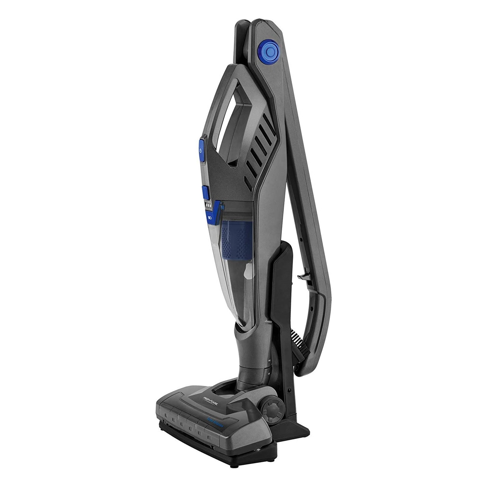 Aspirator vertical si de mana, ProfiCare, PC-BS 3035, pliabil, autonomie 20-40 min, fara sac, filtru HEPA, 90W, toate suprafetele, accesorii incluse, antracit/albastru