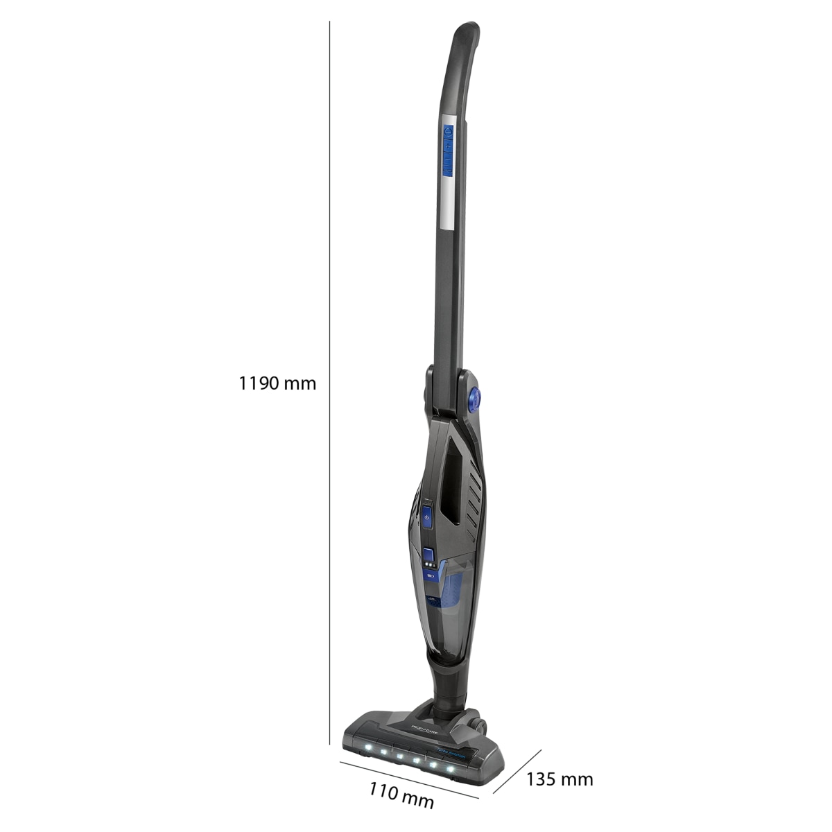 Aspirator vertical si de mana, ProfiCare, PC-BS 3035, pliabil, autonomie 20-40 min, fara sac, filtru HEPA, 90W, toate suprafetele, accesorii incluse, antracit/albastru
