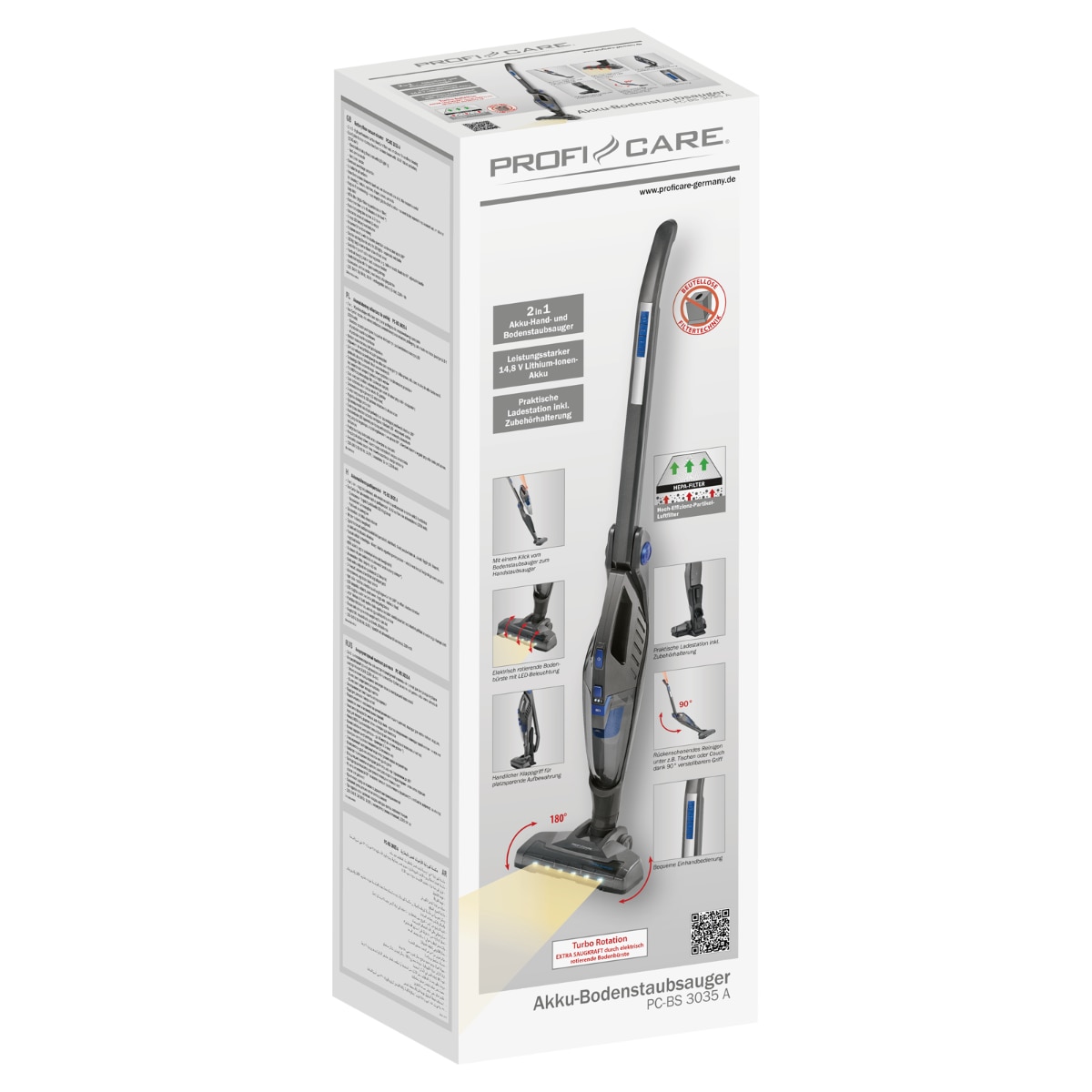 Aspirator vertical si de mana, ProfiCare, PC-BS 3035, pliabil, autonomie 20-40 min, fara sac, filtru HEPA, 90W, toate suprafetele, accesorii incluse, antracit/albastru
