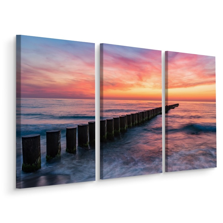 Tablou Triptic MARE Nori Peisaj 3D 150cm x 100cm Cerul roz, Colorat, Creative decor, Modern design, Soare, Canvas, Panza pe cadru de lemn