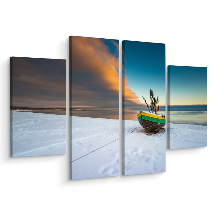 Tablou Tetraptic BARCA Zapada Mare Decor 3D 160cm x 120cm Cer, Nori, Multicanvas, Set, Panza pe cadru de lemn, Peisaj