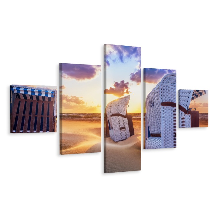 Tablou 5 Piese COSURI DE PLAJA Cer 3D 150cm x 90cm Soare, Peisaj, Creative decor, Multicanvas, Set