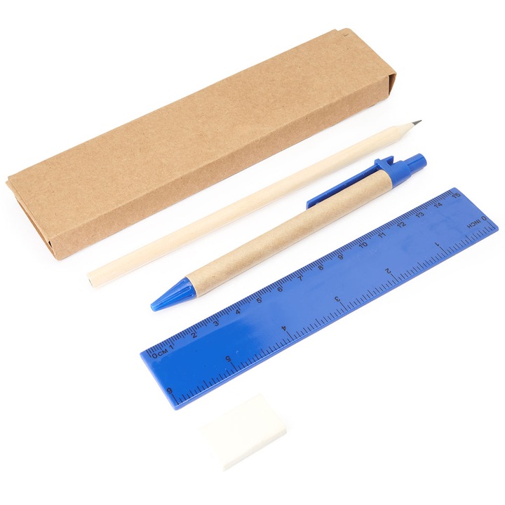 Set instrumente de scris ESENTIALE, Pix, creion, rigla, ascutitoare si guma, Roly - Albastru