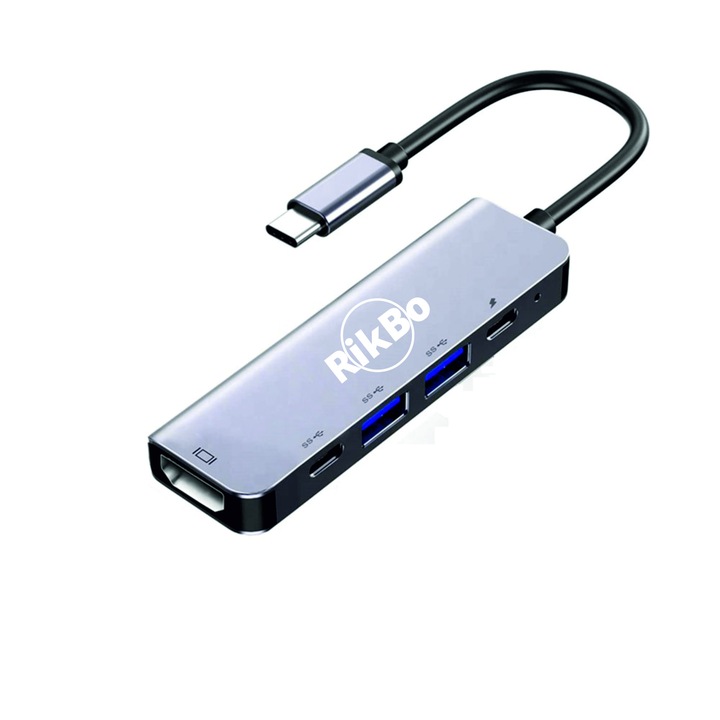 1 в 1 RikBo® USB Type-C USBC хъб 1 x USB-C - захранване, 1 x 4K HDMI, 2 x USB 3.0, 1 x USB Type-C порт за данни