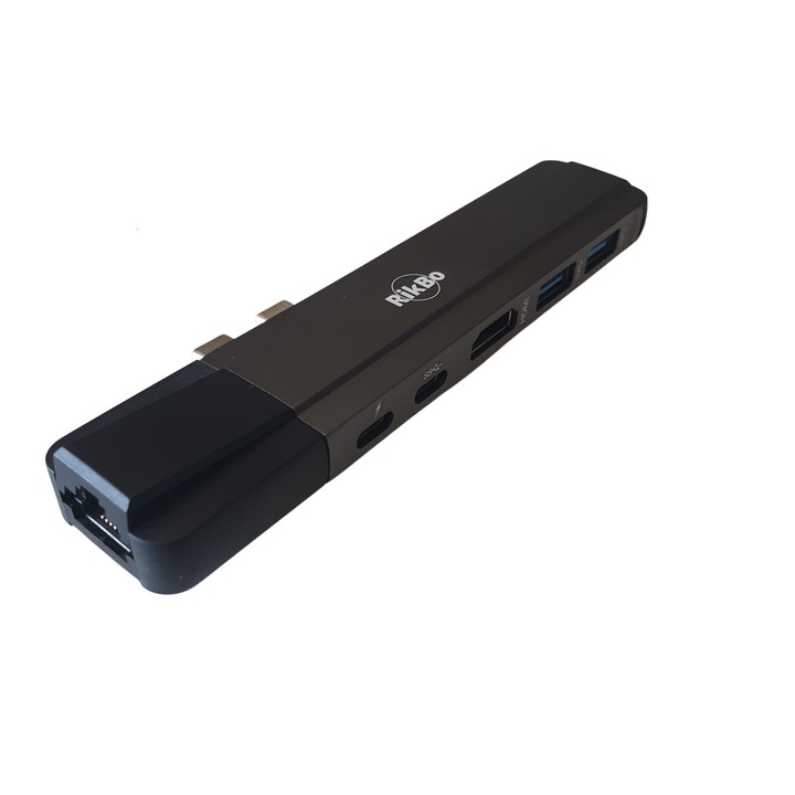RikBo® 6 в 2 хъб адаптер, 2x USB Type-C до 1 x 1000 Mbps Gigabit Ethernet, 1 x USB-C - захранване, 1 x 4K HDMI, 2 x USB 3.0, 1 x USB Type-C порт за данни Съвместим Mackbook ПРОФ
