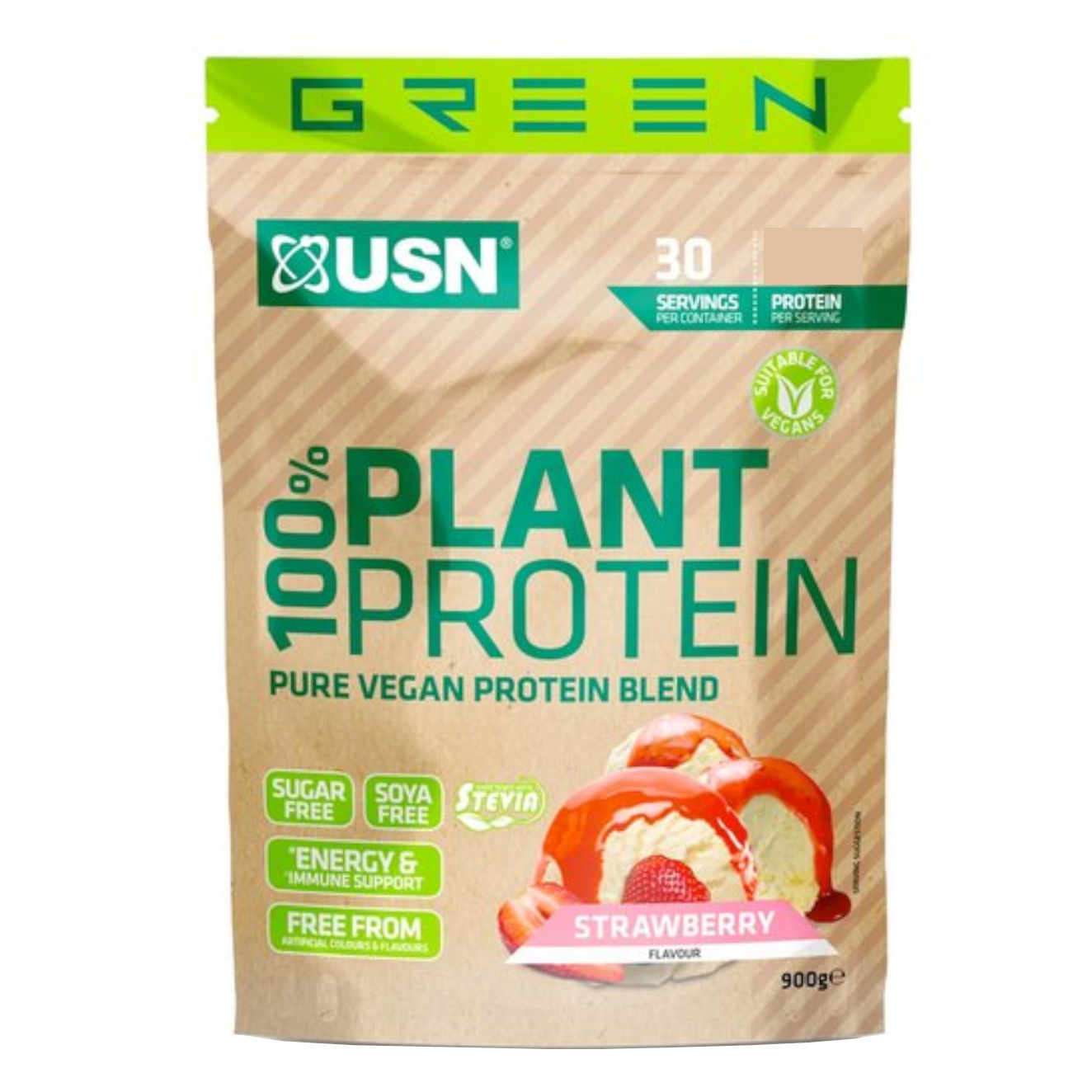 Proteina vegana din mazare, orez si canepa, USN Plant Protein, capsuni, 900g, 30 serviri