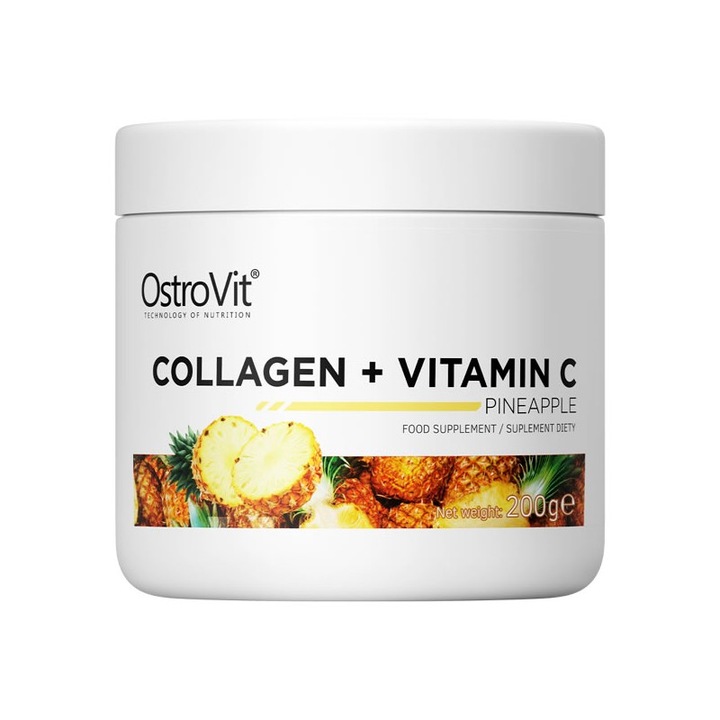 OstroVit Hydrolyzed Collagen + C-vitamin, por, őszibarack, 200 gramm