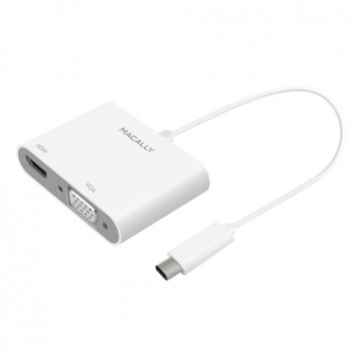 Adaptor USB-C, Macally USB-C to VGA and HDMI, (alb)