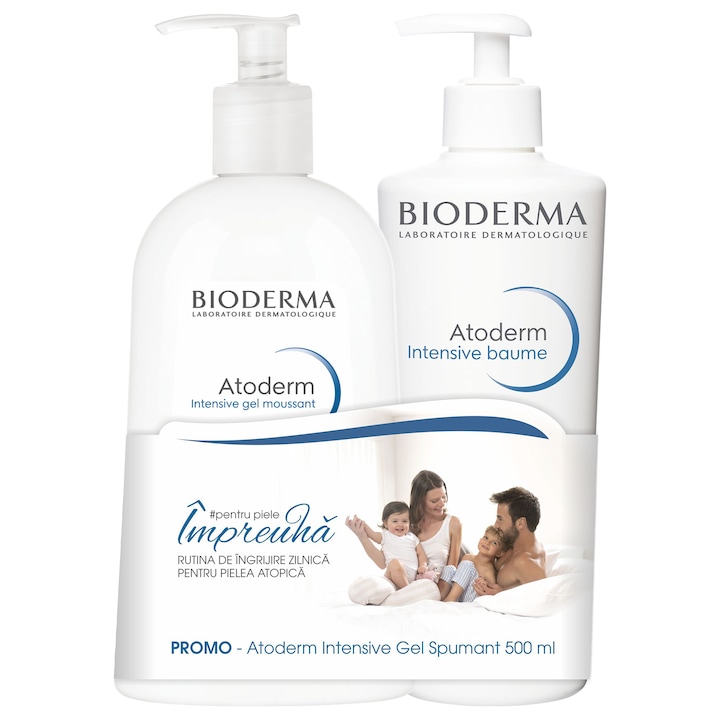 Bioderma Atoderm Intenzív testápoló csomag, Testbalzsam nagyon száraz és atópiás bőrre, 500 ml + Habzó gél nagyon száraz és atópiás bőrre, 500 ml