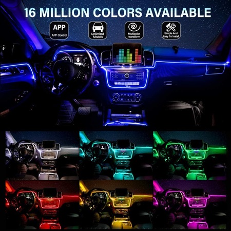 Banda LED auto, lumini ambientale premium, 5 unitati, lungime fir 6M, aplicatie dedicata iOS, Android, cu telecomanda, G-Mark®