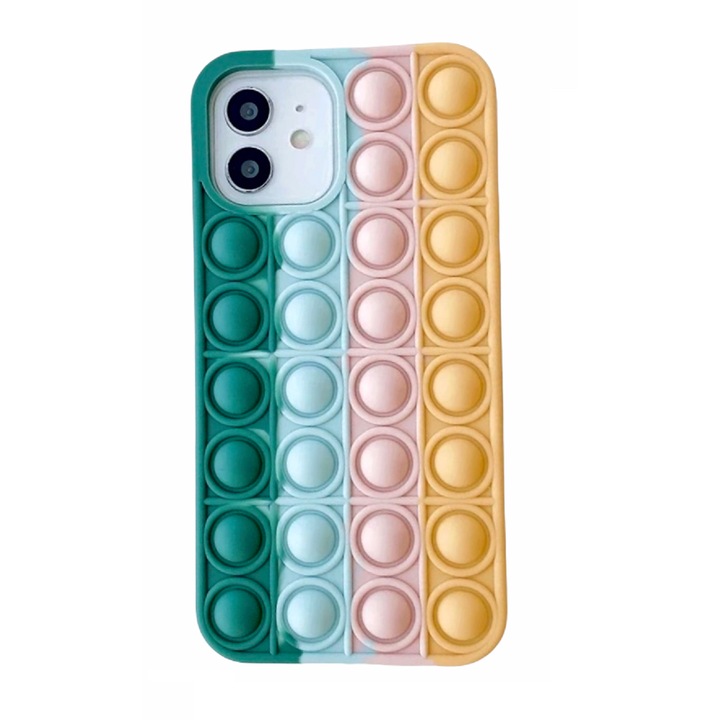 Husa silicon antistres model POP IT pentru iPhone 13 Pro Max / Verde-Roz-Galben