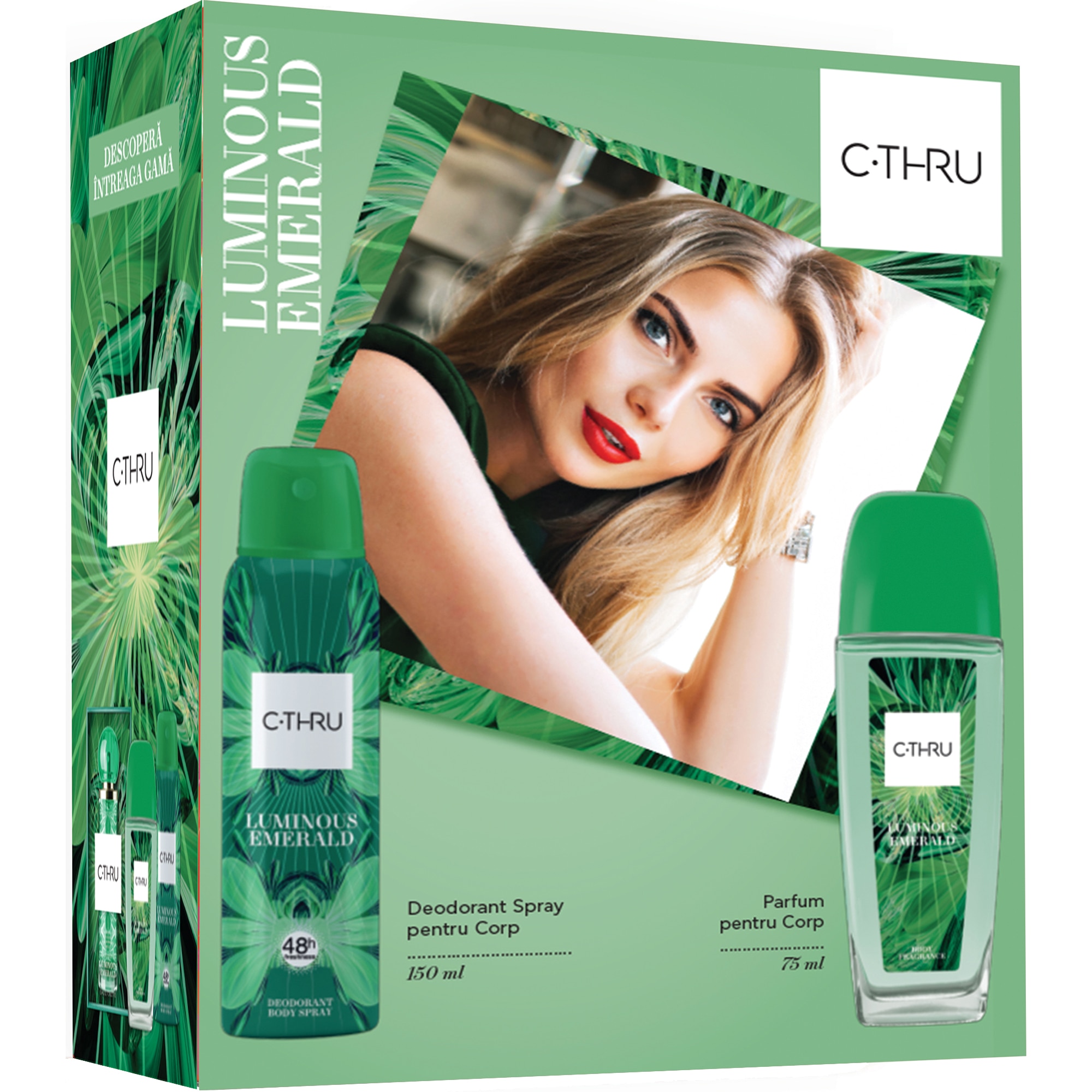 Set cadou: Parfum deodorant pentru corp C-THRU Luminous Emerald, Femei, 75 ml + Deodorant spray C-THRU Luminous Emerald, Femei, 150 ml