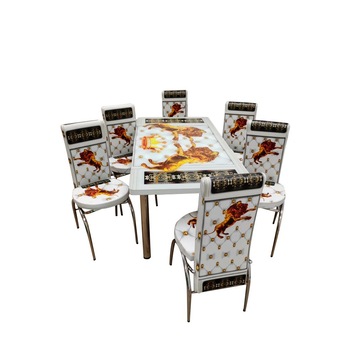 Set masa extensibila cu 6 scaune piele eco blat geam securizat Home-Global , 170x80x70 cm golden leu Set masa extensibila cu 6 scaune piele eco blat geam securizat Home-Global , 170x80x70 cm golden leu