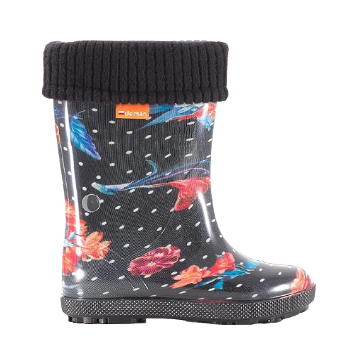 Cizme de cauciuc, din PVC, fara inchidere, Flowers, negre
