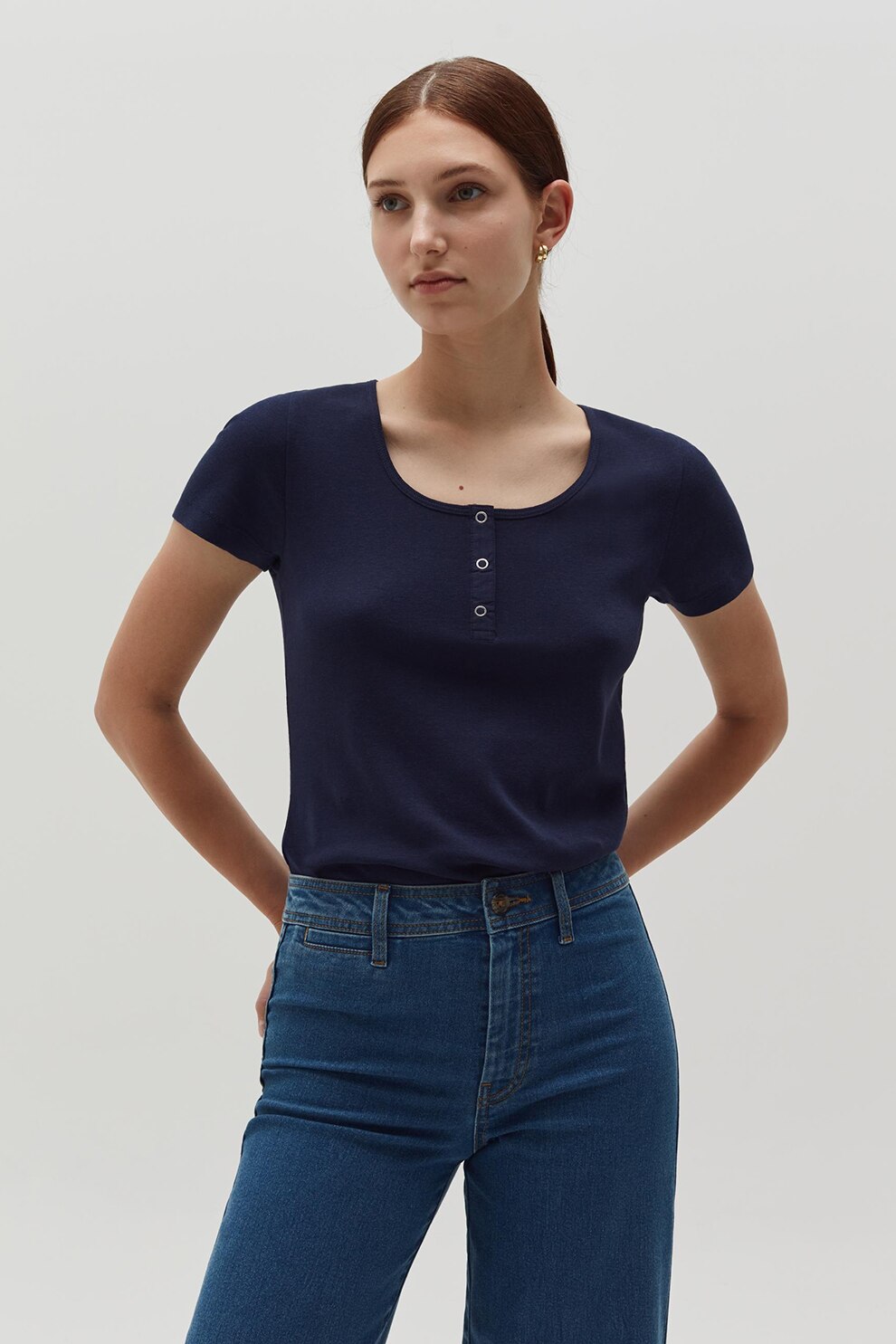OVS, Tricou de bumbac cu fenta cu capse, Bleumarin