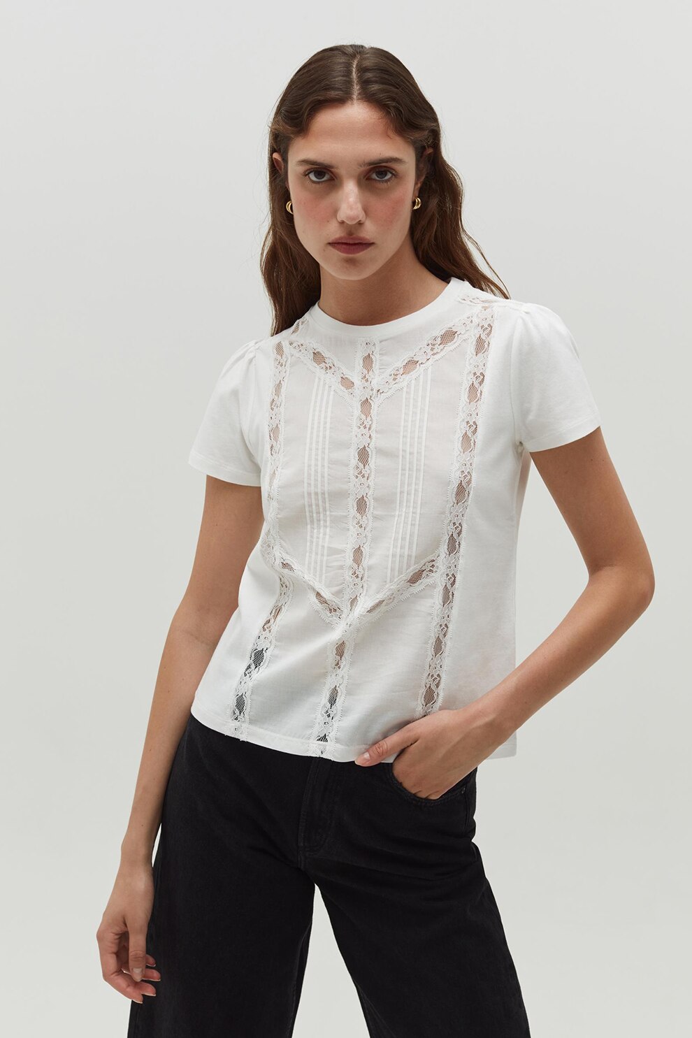 OVS, Tricou de bumbac cu garnituri de dantela, Alb