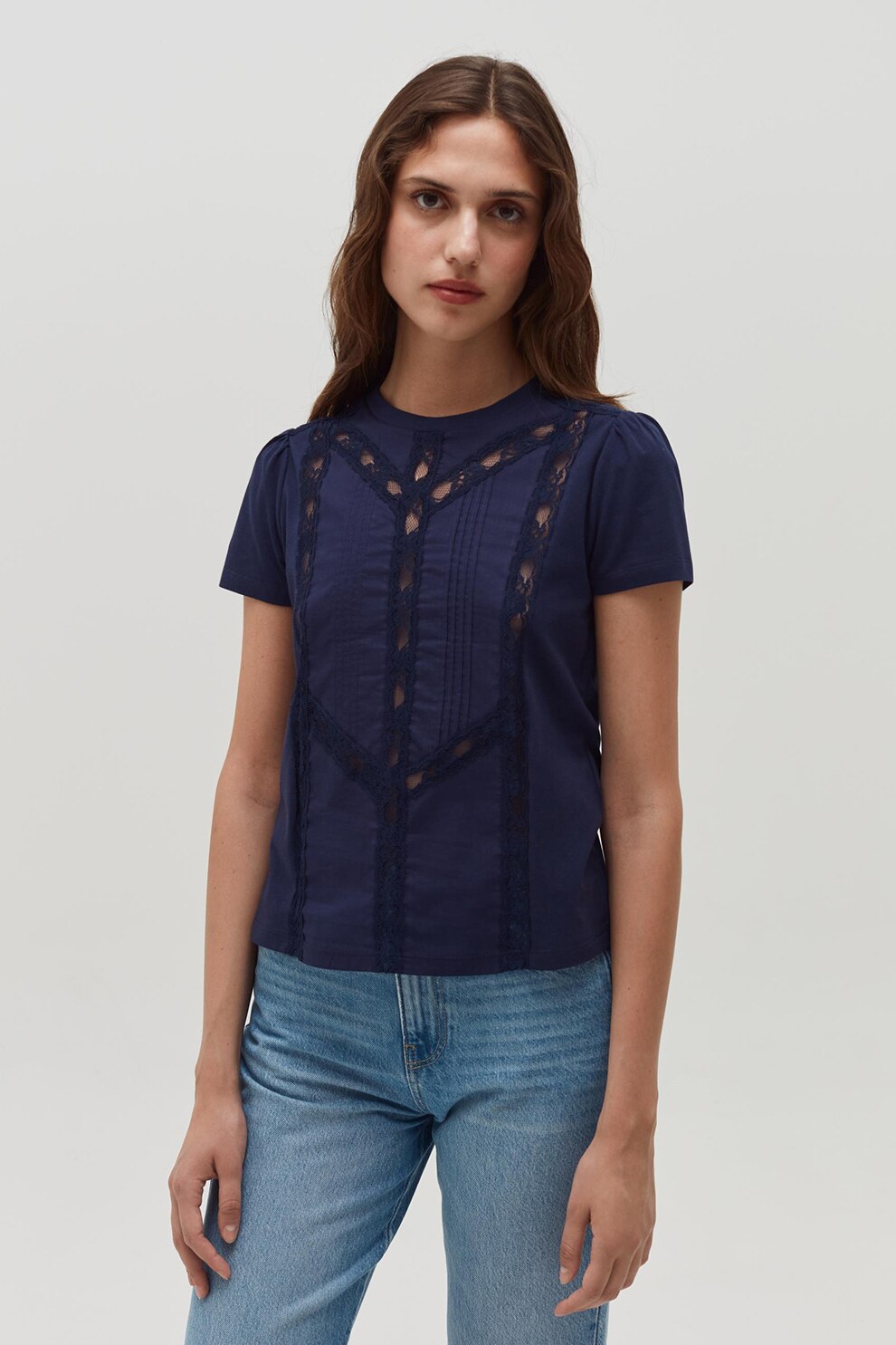 OVS, Tricou de bumbac cu garnituri de dantela, Bleumarin
