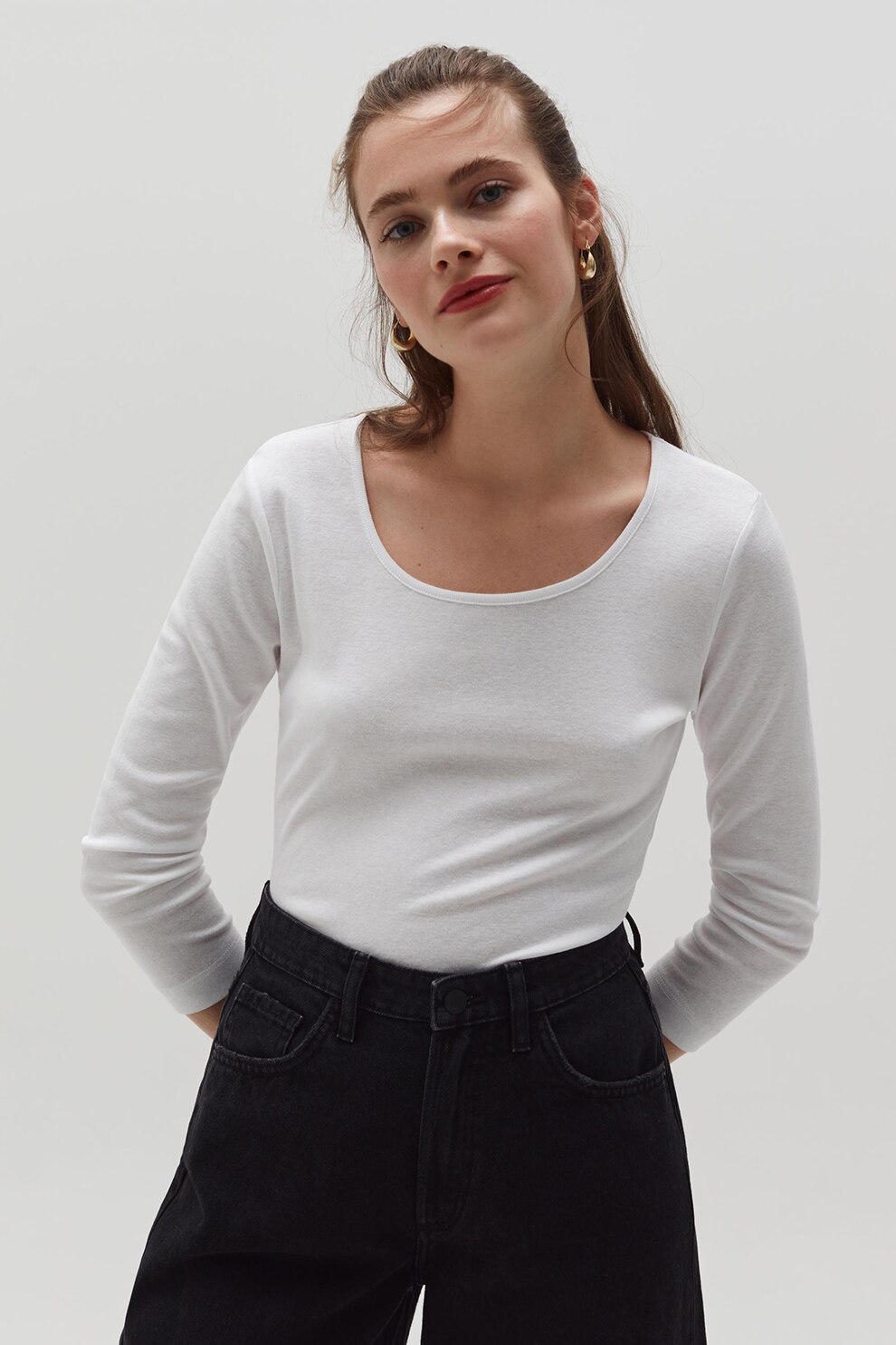 OVS, Bluza de bumbac cu decolteu rotund, Alb