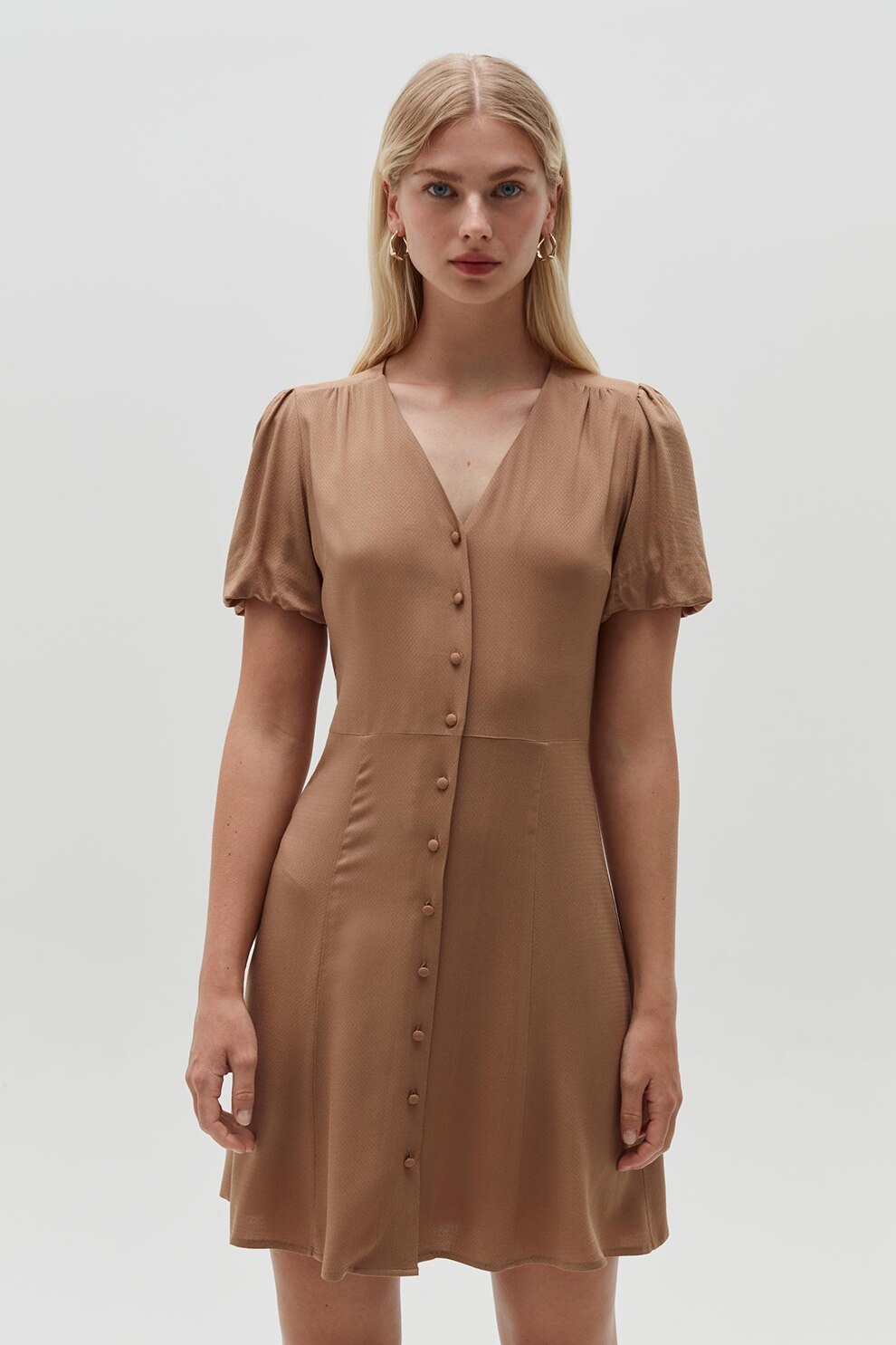 OVS, Rochie mini cu decolteu in V, Maro camel