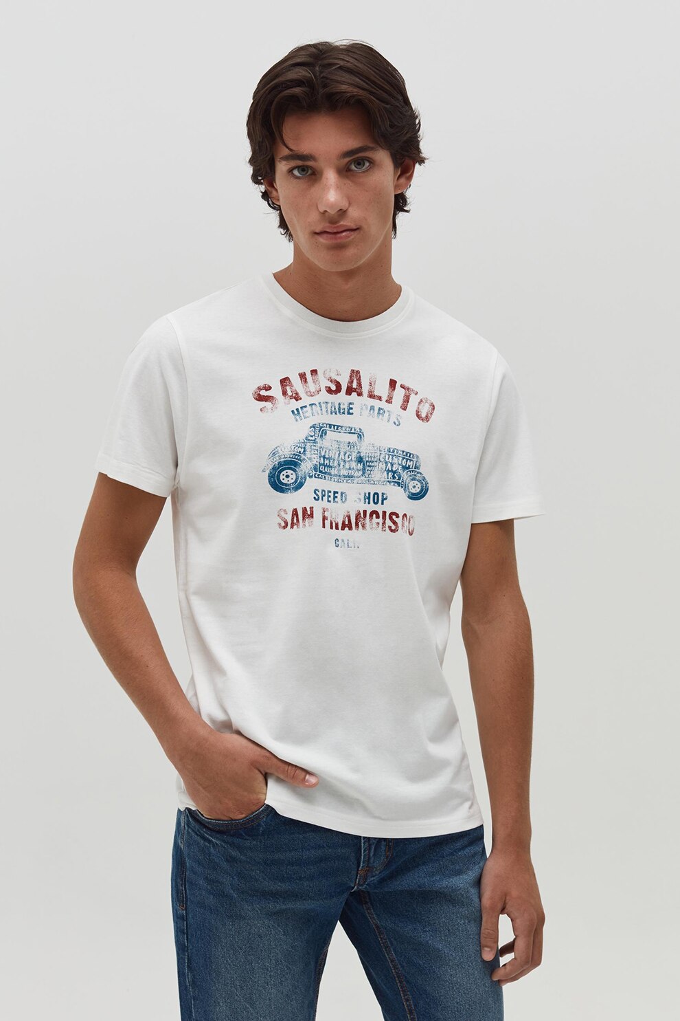 OVS, Tricou de bumbac cu imprimeu, Alb/Rosu inchis/Albastru indigo, S