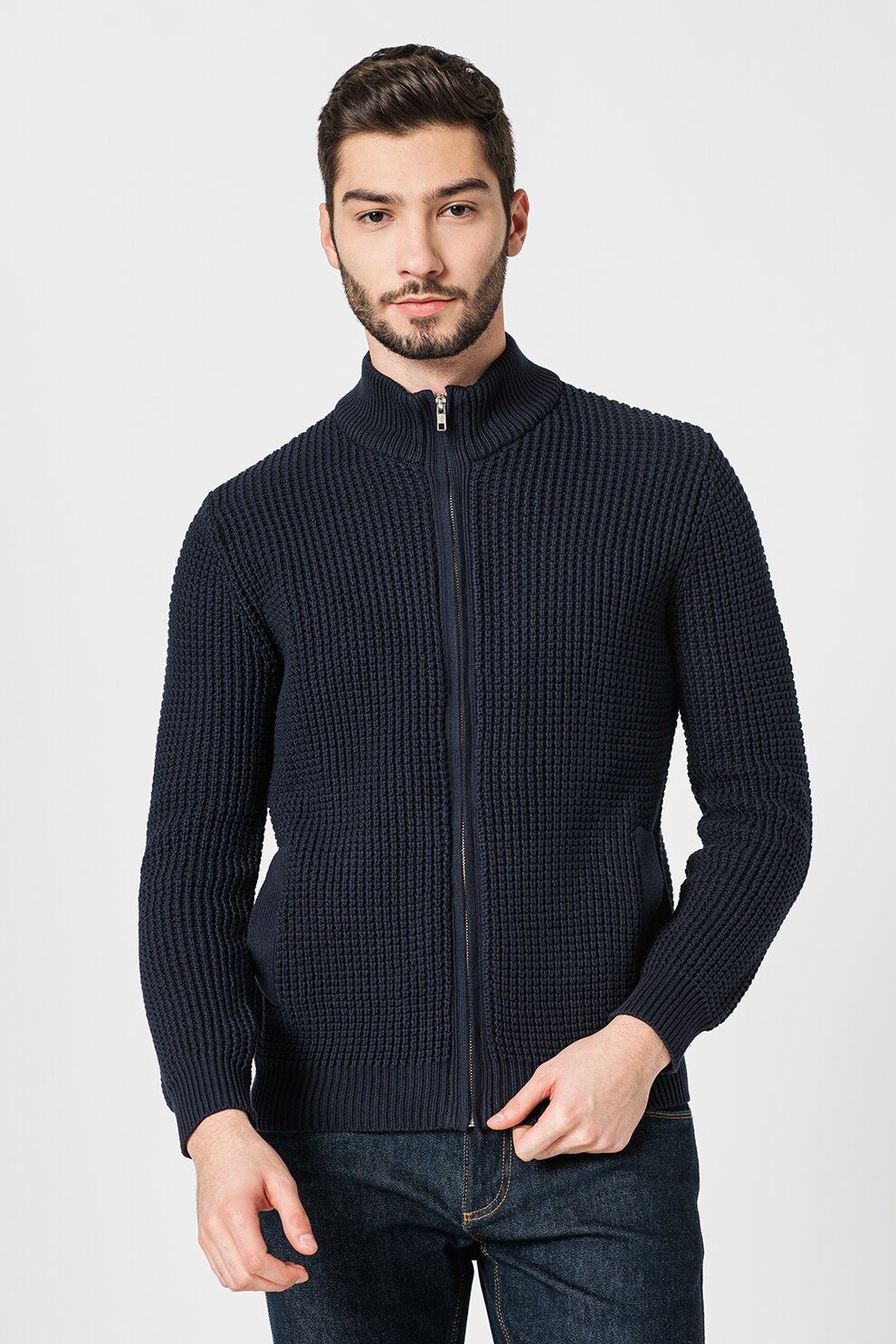 OVS, Cardigan cu fermoar si aspect texturat, Navy, M - eMAG.ro