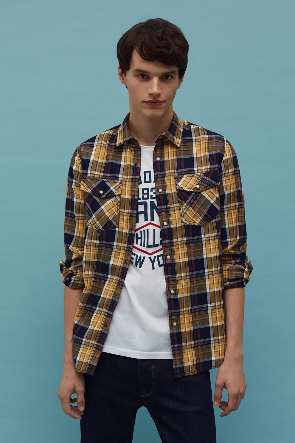 OVS, Camasa in carouri cu buzunare cu clapa, Galben sofran/Bleumarin/Maro scortisoara