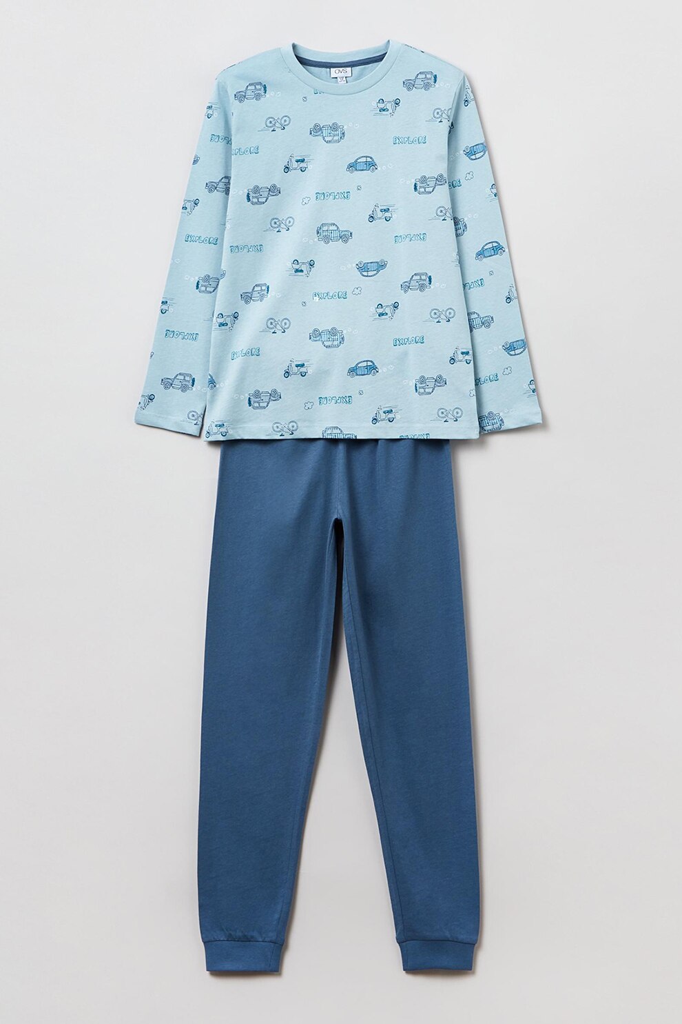 OVS, Pijama de bumbac cu imprimeu, Albastru pastel/Albastru prafuit, 134 CM