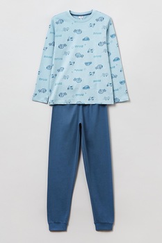 OVS, Pijama de bumbac cu imprimeu, Albastru pastel/Albastru prafuit, 134 CM OVS, Pijama de bumbac cu imprimeu, Albastru pastel/Albastru prafuit, 134 CM