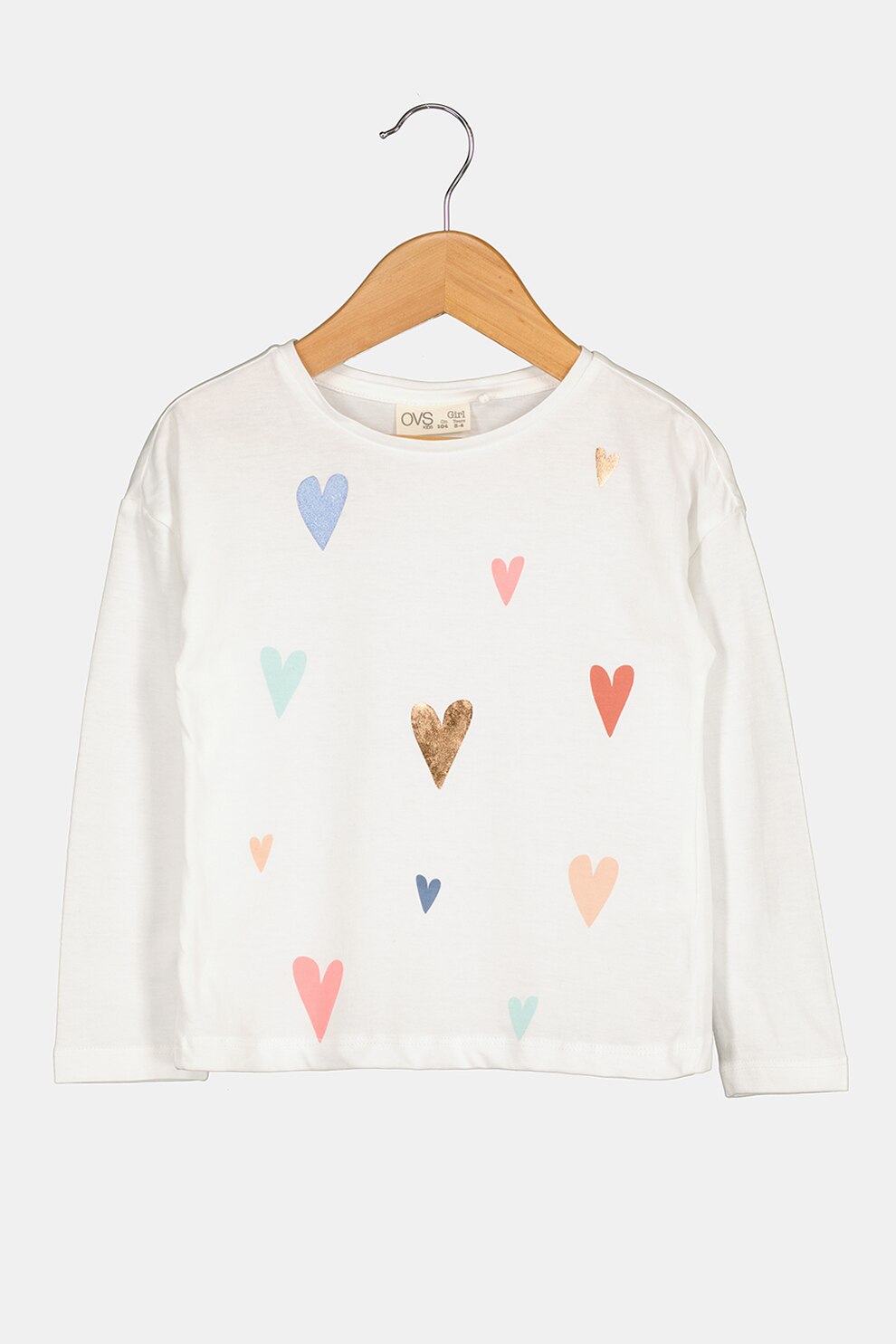 OVS, Bluza cu decolteu rotund, maneci cazute si imprimeu cu inimi, Alb optic