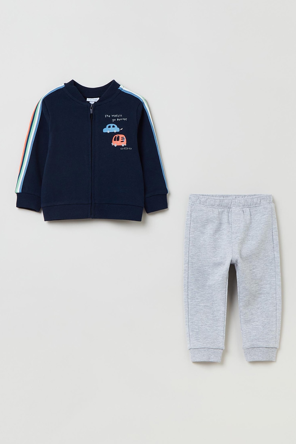 OVS, Set de pantaloni sport si bluza sport cu fermoar - 2 piese, Bleumarin inchis/Gri deschis melange