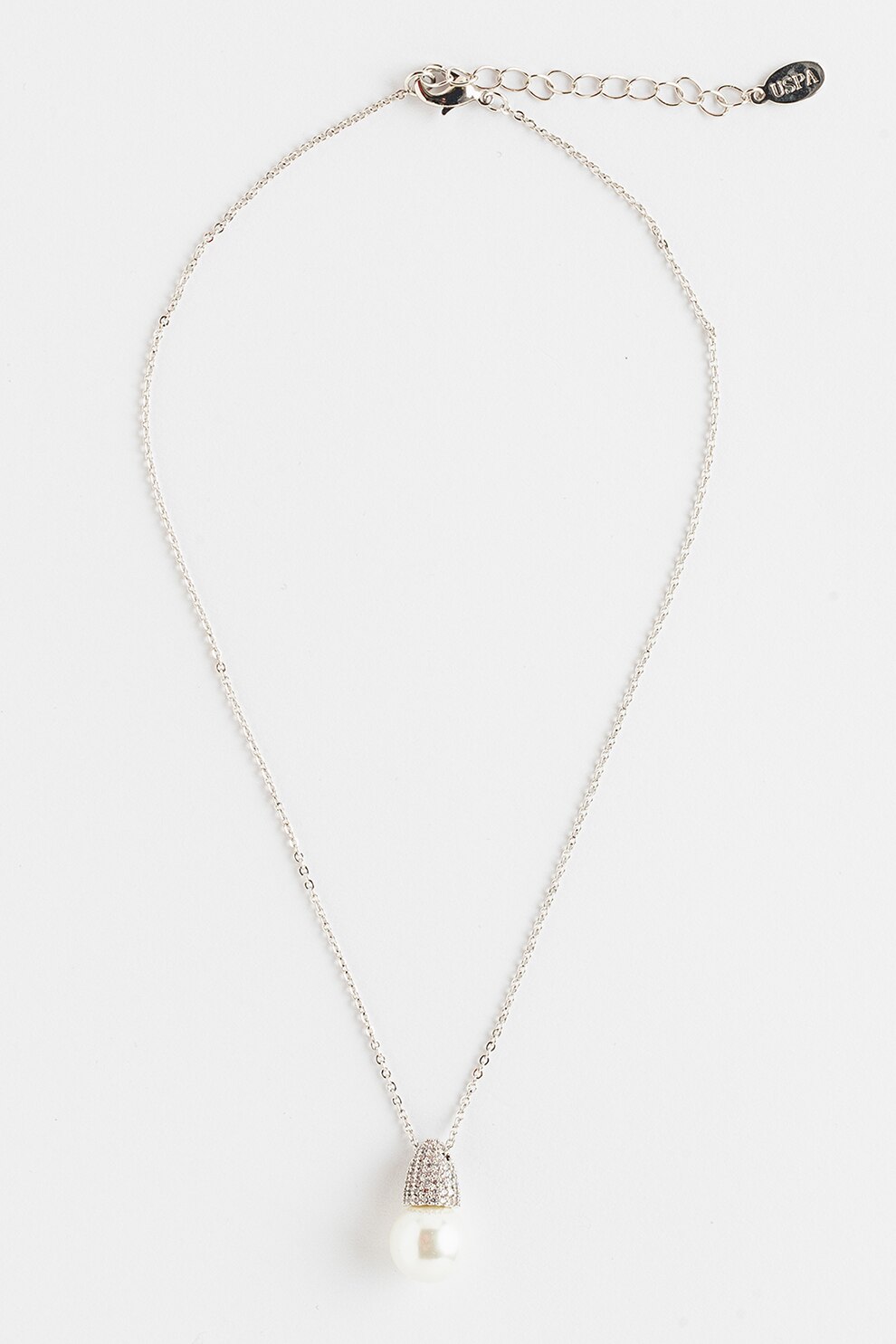 U.S. Polo Assn., Colier din otel inoxidabil placat cu rodiu si decorat cu zirconia si perla sintetica, Argintiu