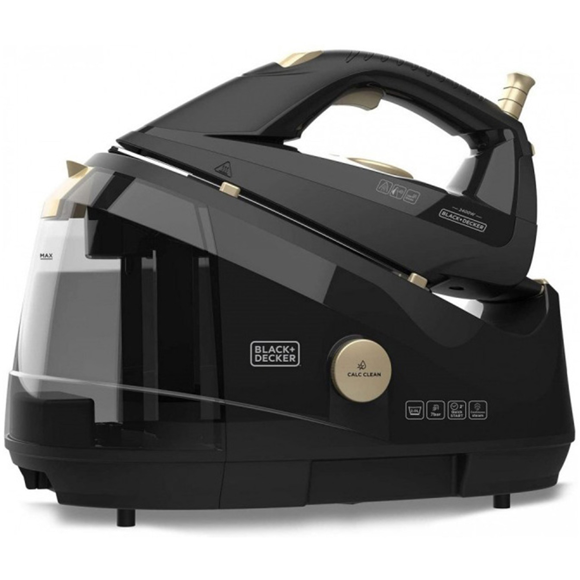 Statie de calcat Black&Decker BXSS2400E, 2400W, rezervor apa 2l, debit de abur variabil 45g/min, jet de abur 130g/min, Infinity System, Negru/Auriu