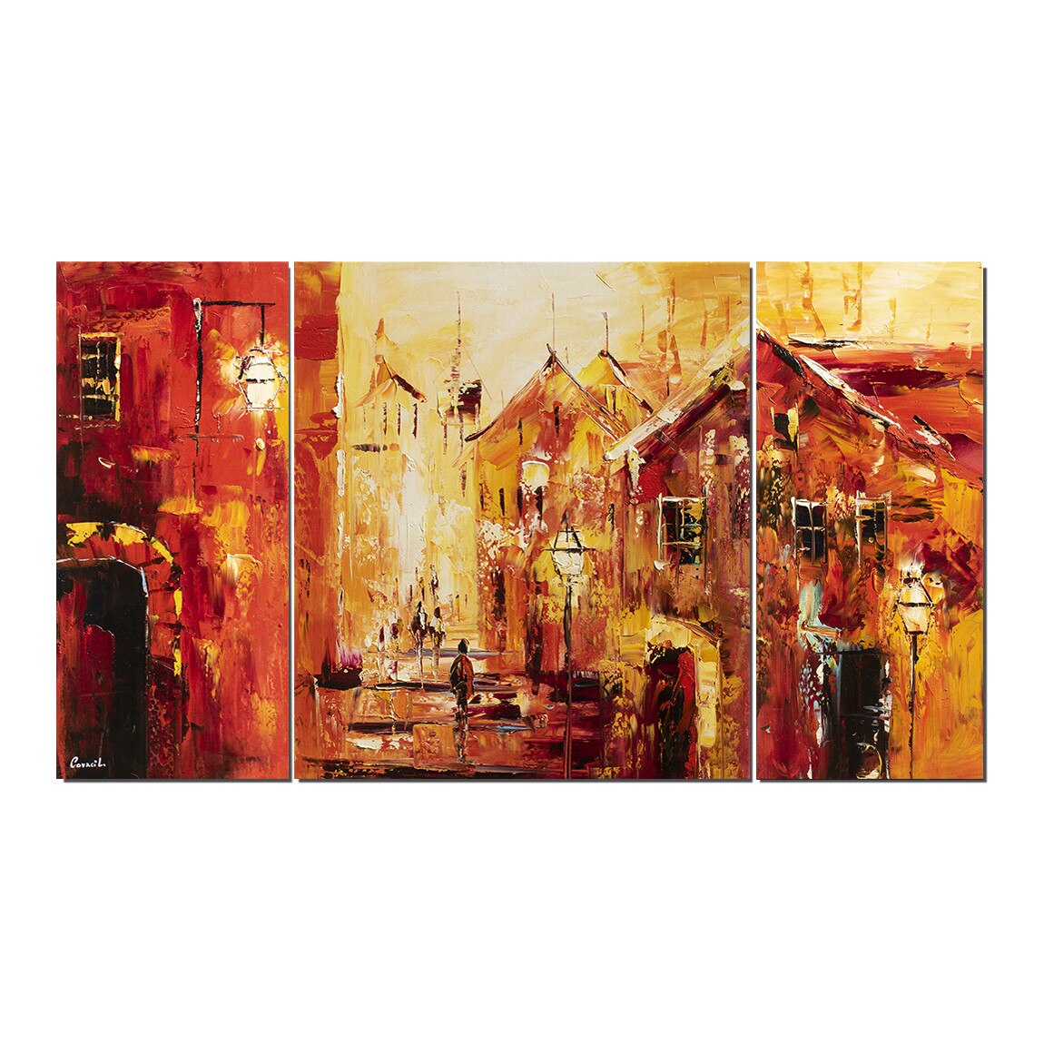 Tablou gigant 3 piese pictat manual, Artnova - La plimbare prin centrul vechi - 160x90cm in cutit, efect 3D