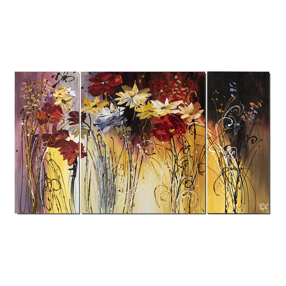 Tablou gigant 3 piese pictat manual, Artnova - Flori stilizate - 160x90cm in cutit, efect 3D