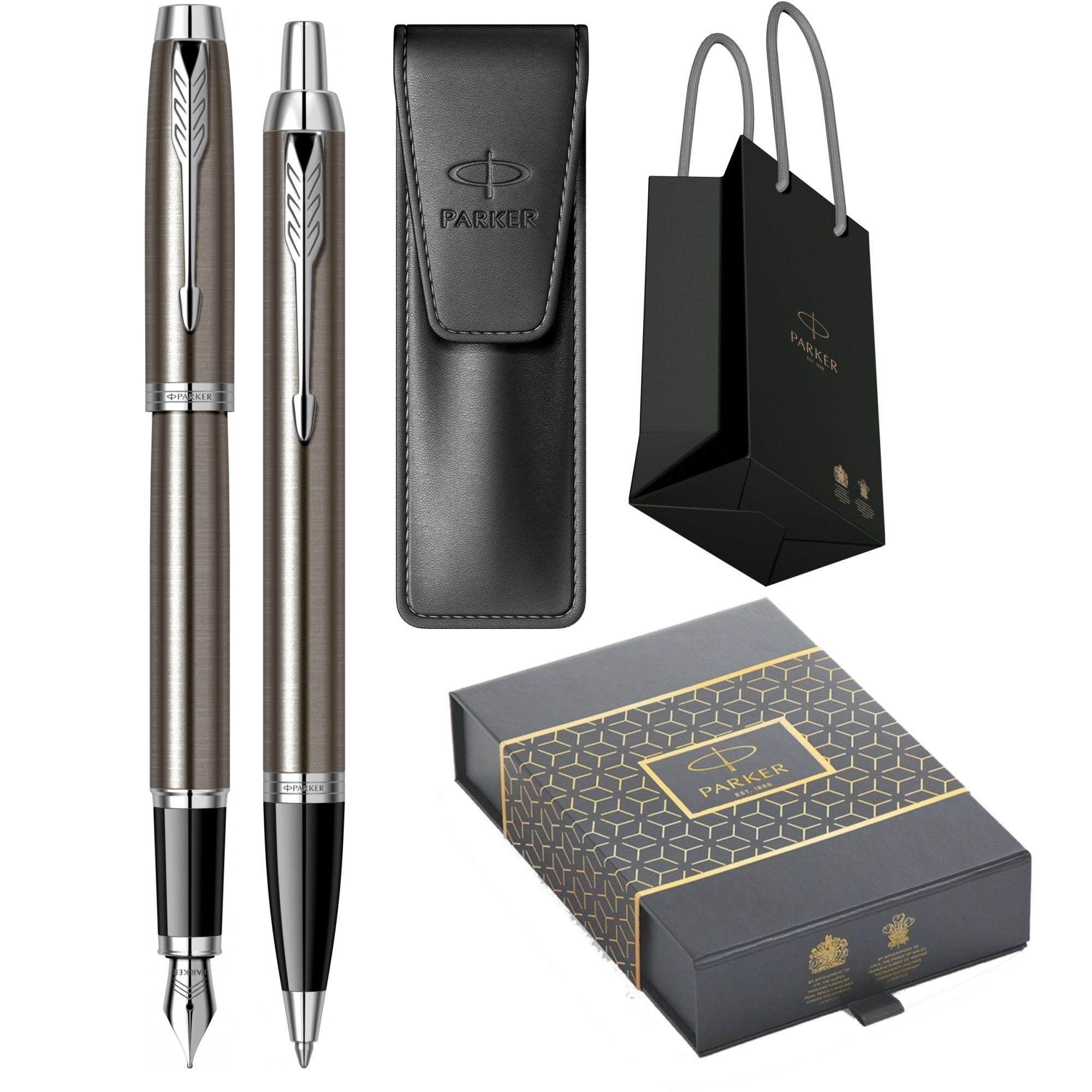 Set Parker Stilou Pix IM Royal Dark Espresso CT Personalizat prin Gravura Laser in cutie duo, etui Leather Black si punga