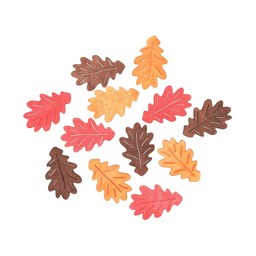 Set 12 frunze colorate de toamna, din lemn - 3 culori, 4 cm