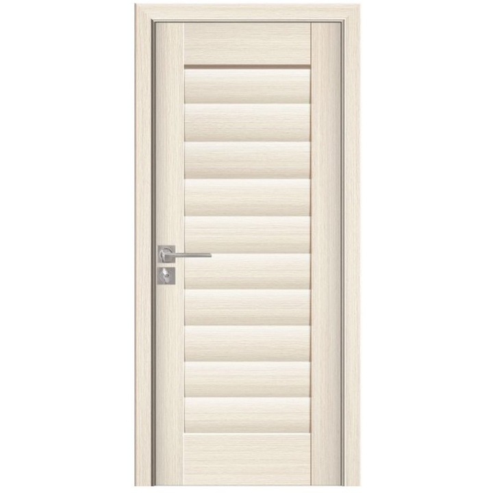 Usa interior din MDF cu toc inclus Novo Doors ND 01C LUX, dimensiune 200X80 centimetri, maner patrat, geam sablat, cadru din lemn masiv din rasinoase, balamale si clanta incluse, toc reglabil de 10 centimetri, plinta pe ambele parti, Crem