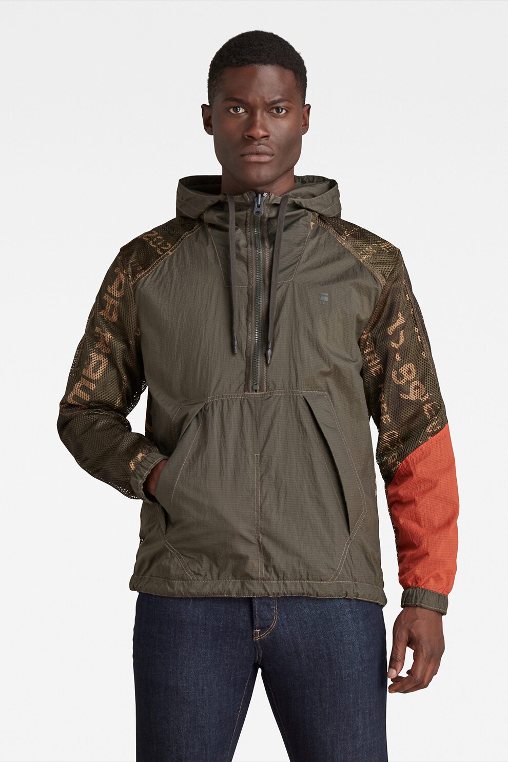 G-Star RAW, Jacheta fara inchidere cu gluga si model colorblock, Verde militar