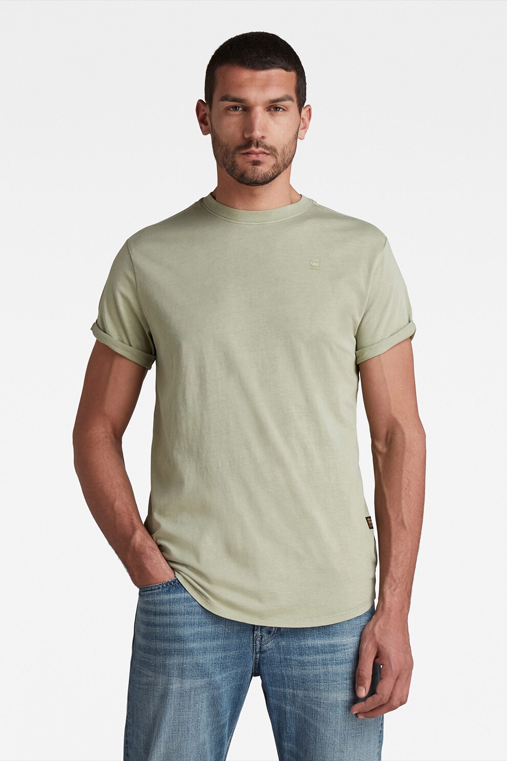 G-Star RAW, Tricou din bumbac organic cu logo brodat, Verde pal, 2XL