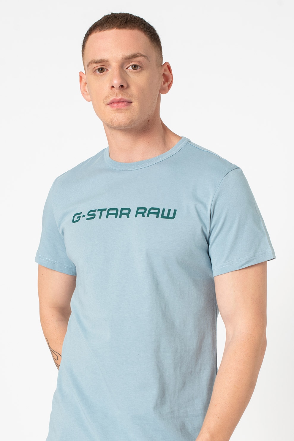 G-Star RAW, Tricou cu imprimeu logo, Albastru deschis, S