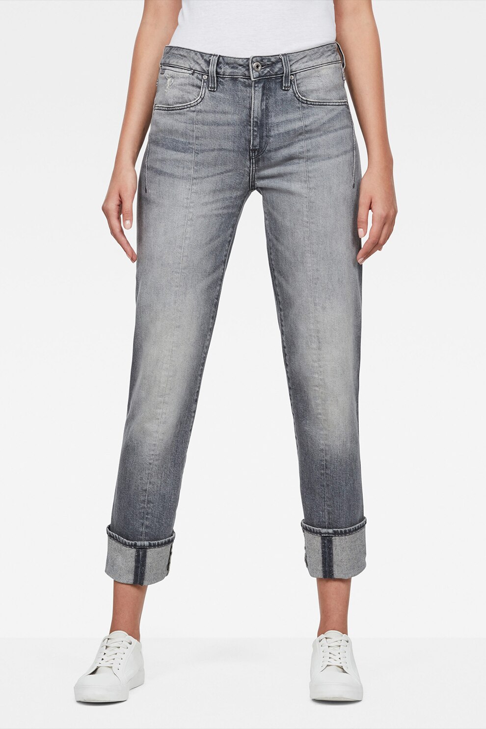 G-Star RAW, Blugi cu croiala dreapta, talie inalta si aspect decolorat, Gri
