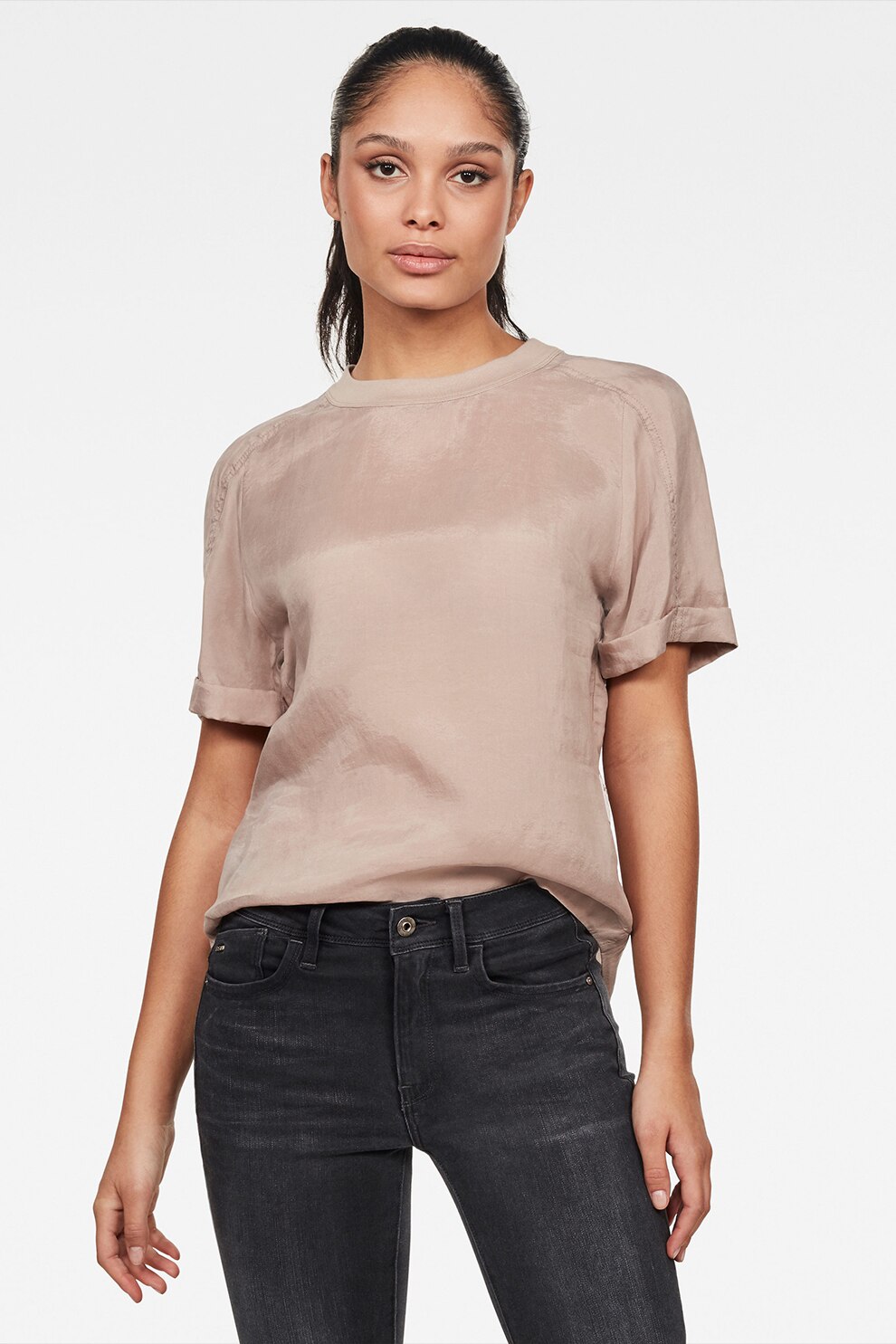 G-Star RAW, Tricou din lyocell cu terminatii pliabile, Roz prafuit